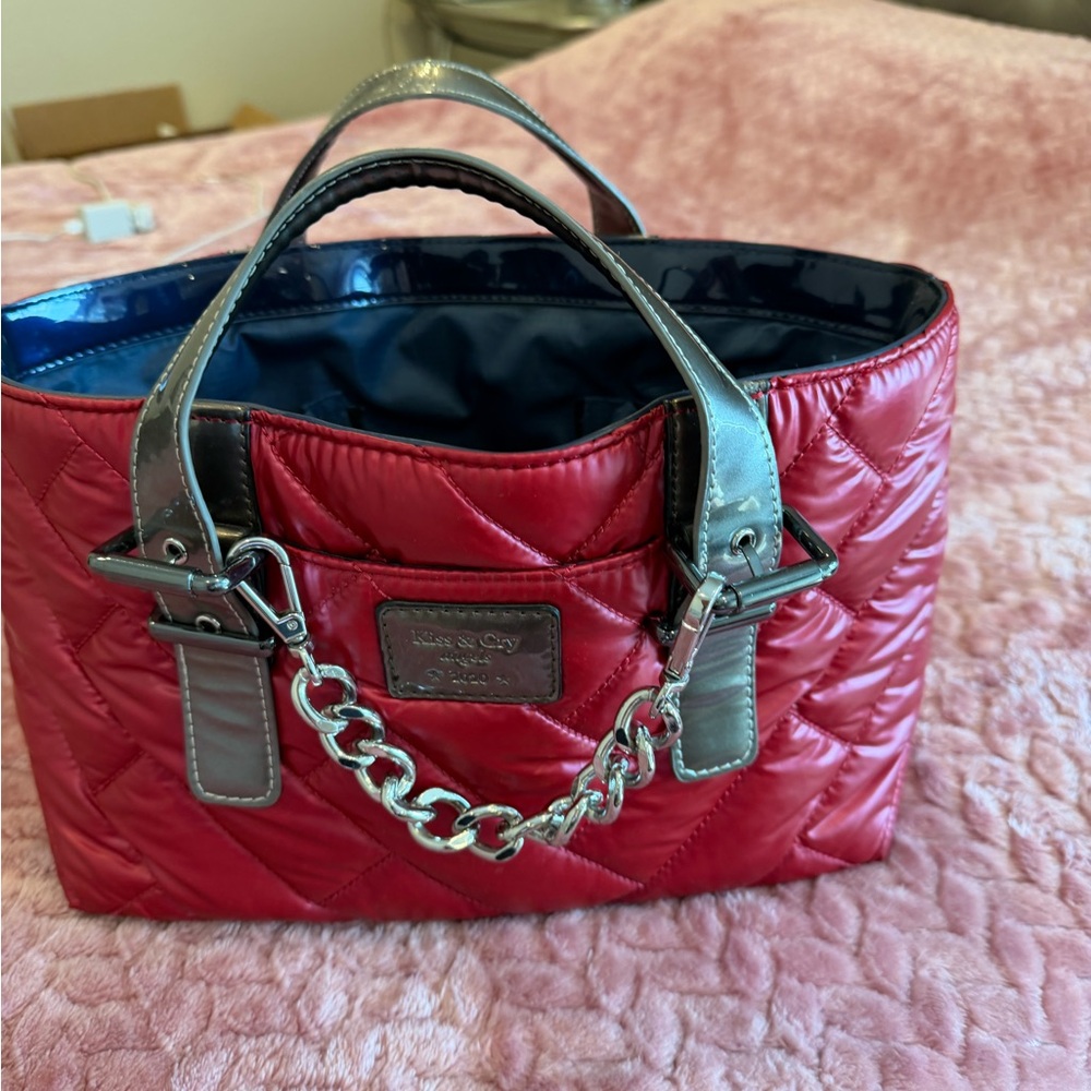 Red Quilted Tote with Chain Detail